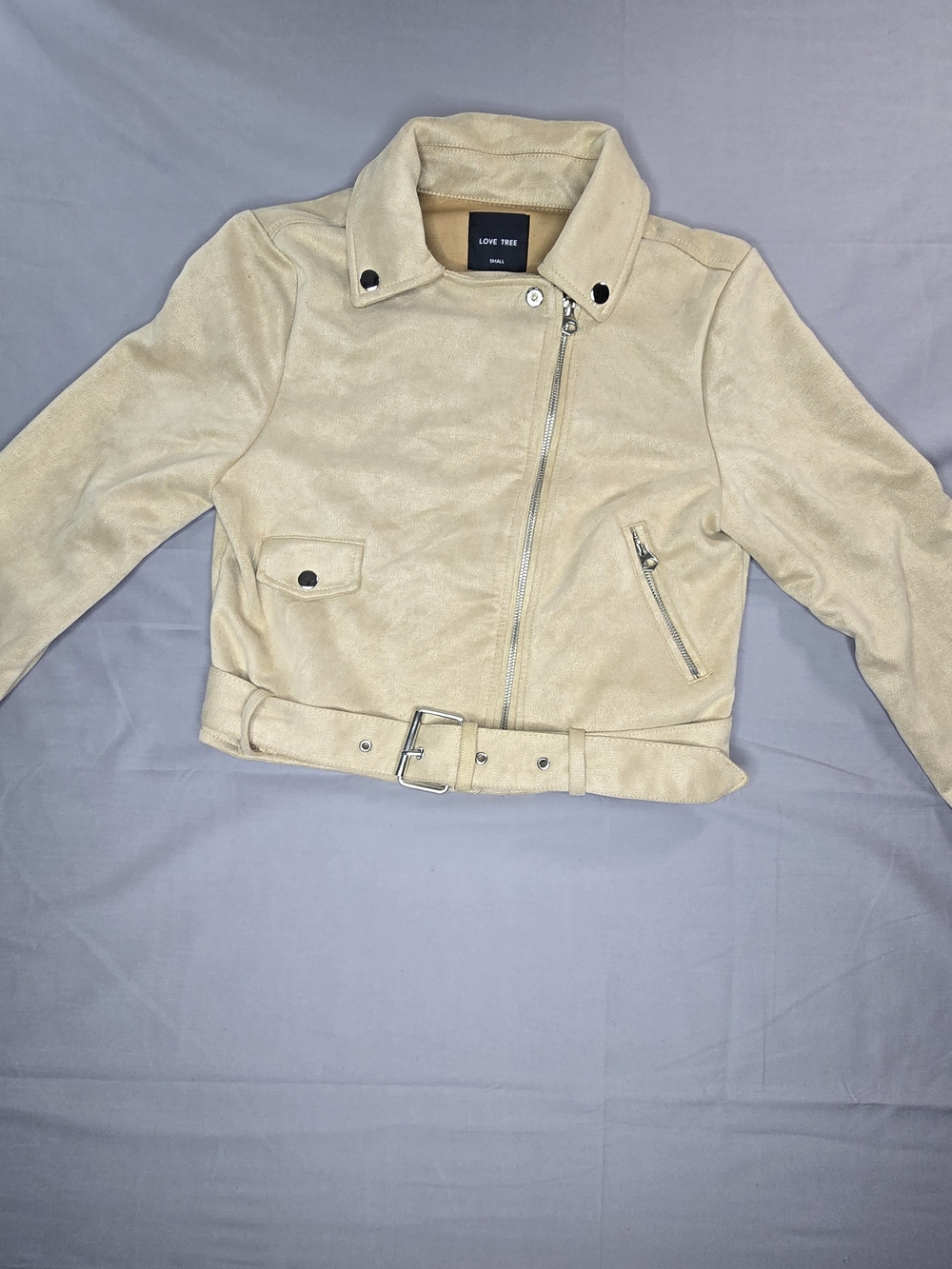 Love Tree Women's Faux Suede Moto Jacket Belted Zip Front Beige Tan Small